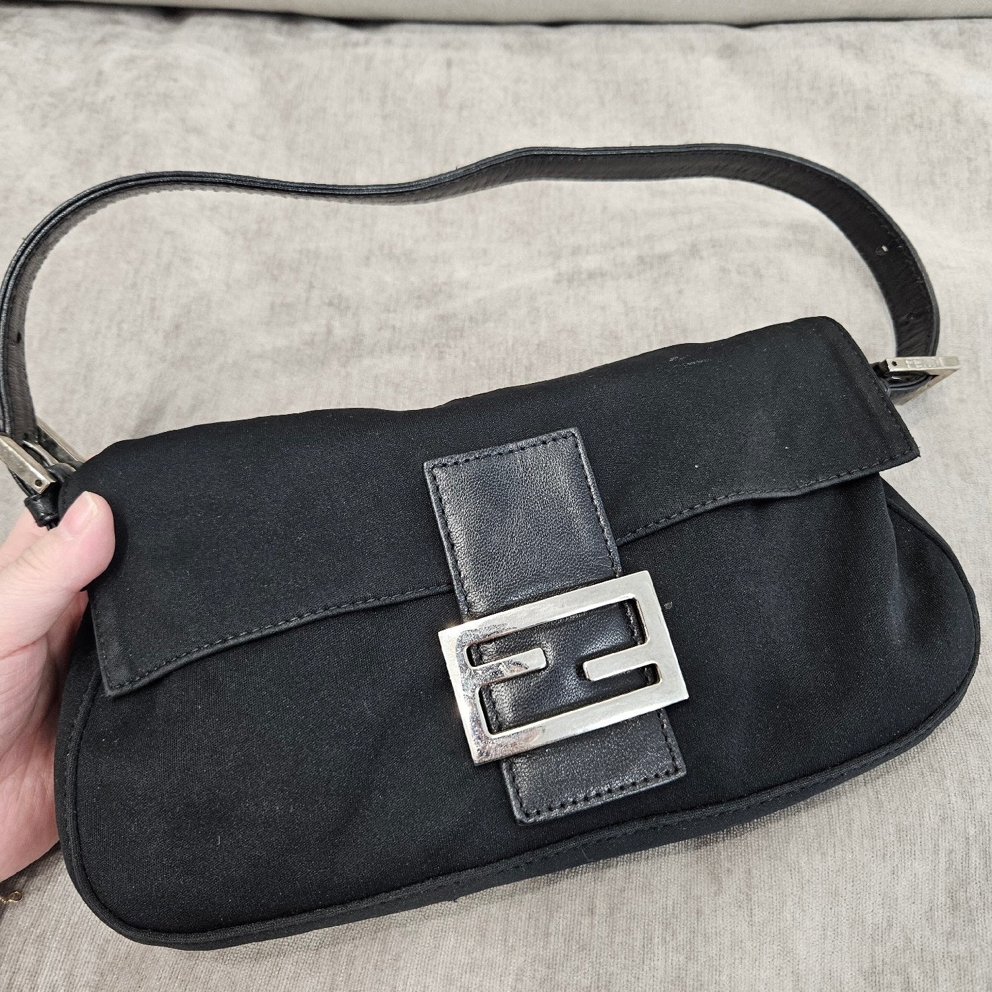 FENDI Baguette   Black Cloth Silver Hardware Shoulder Bag