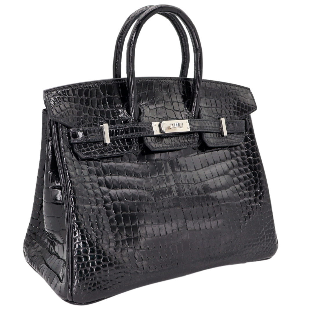 Hermes25cm Birkin Black Shiny Porosus Crocodile Palladium Hardware