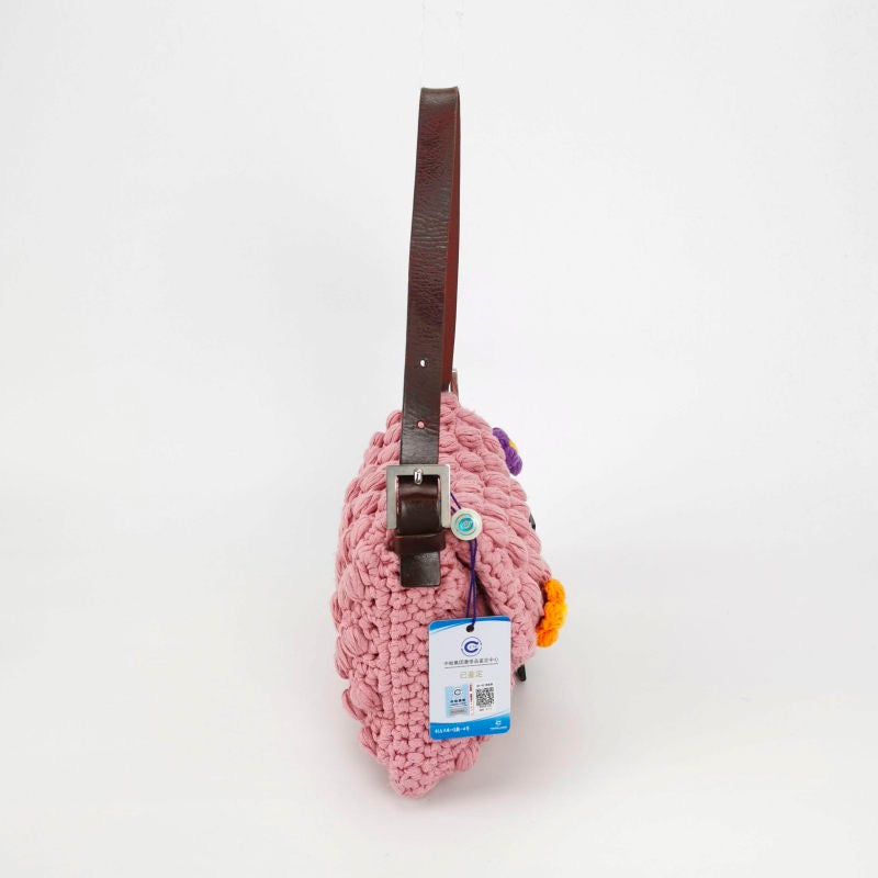 Fendi Baguette Bag Pink Crochet Knit Wool Pompom and Flowers Shoulder Bag