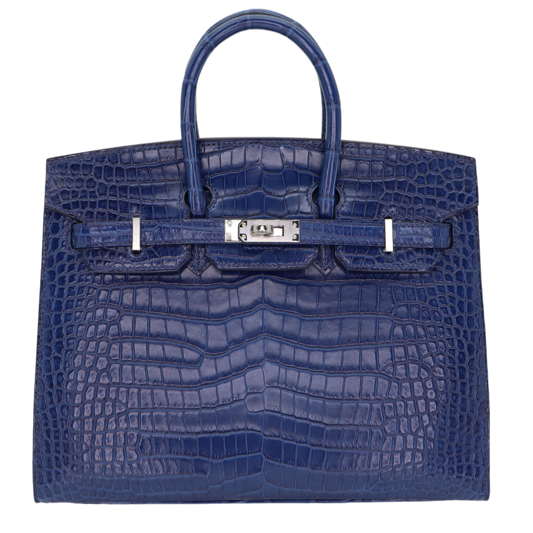 Hermes25cm Birkin Sellier Indigo Aizome Matte Porosus Crocodile Palladium Hardware