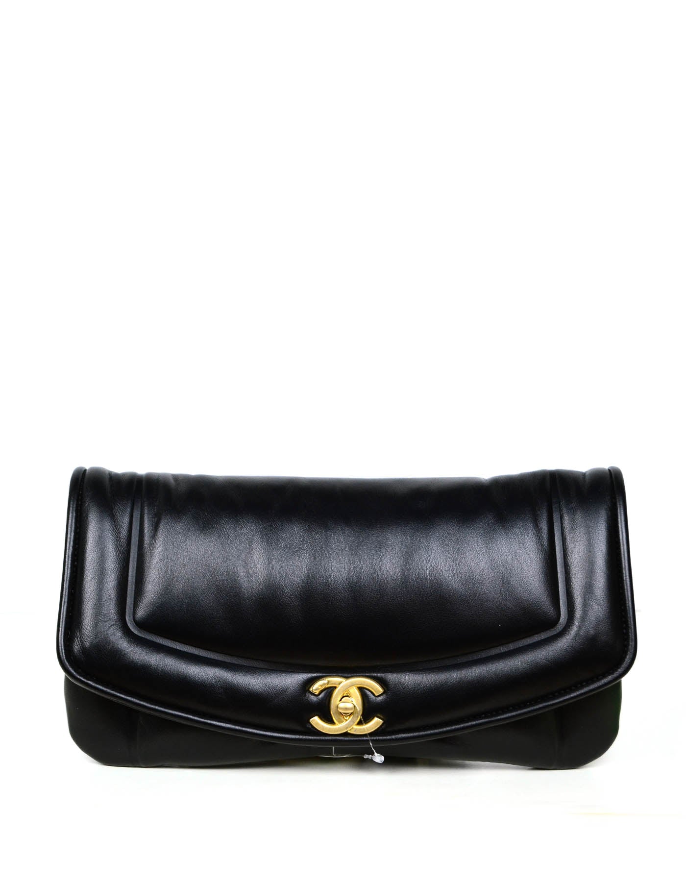 Chanel 2019 NWT Black Shiny Lambskin Puffy Clutch Bag