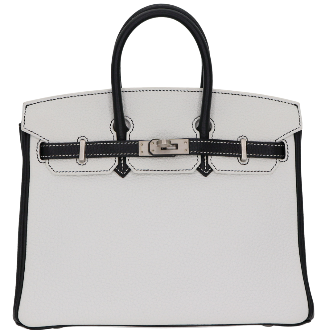 Hermes25cm Birkin HSS White/ Black Clemence Leather Brushed Palladium Hardware