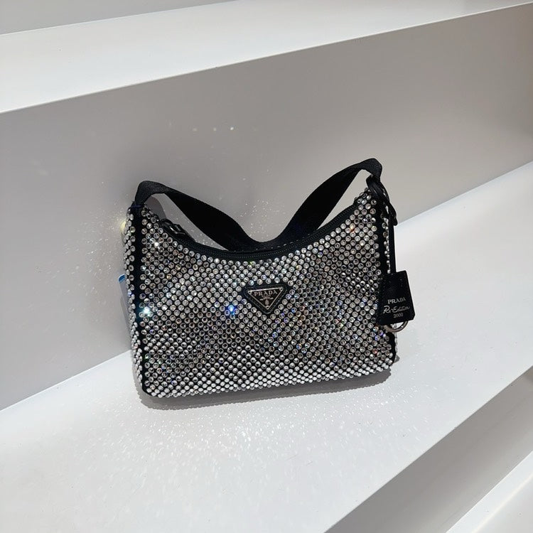 Prada Re-Edition Hobo Crystal Embellished Satin Mini