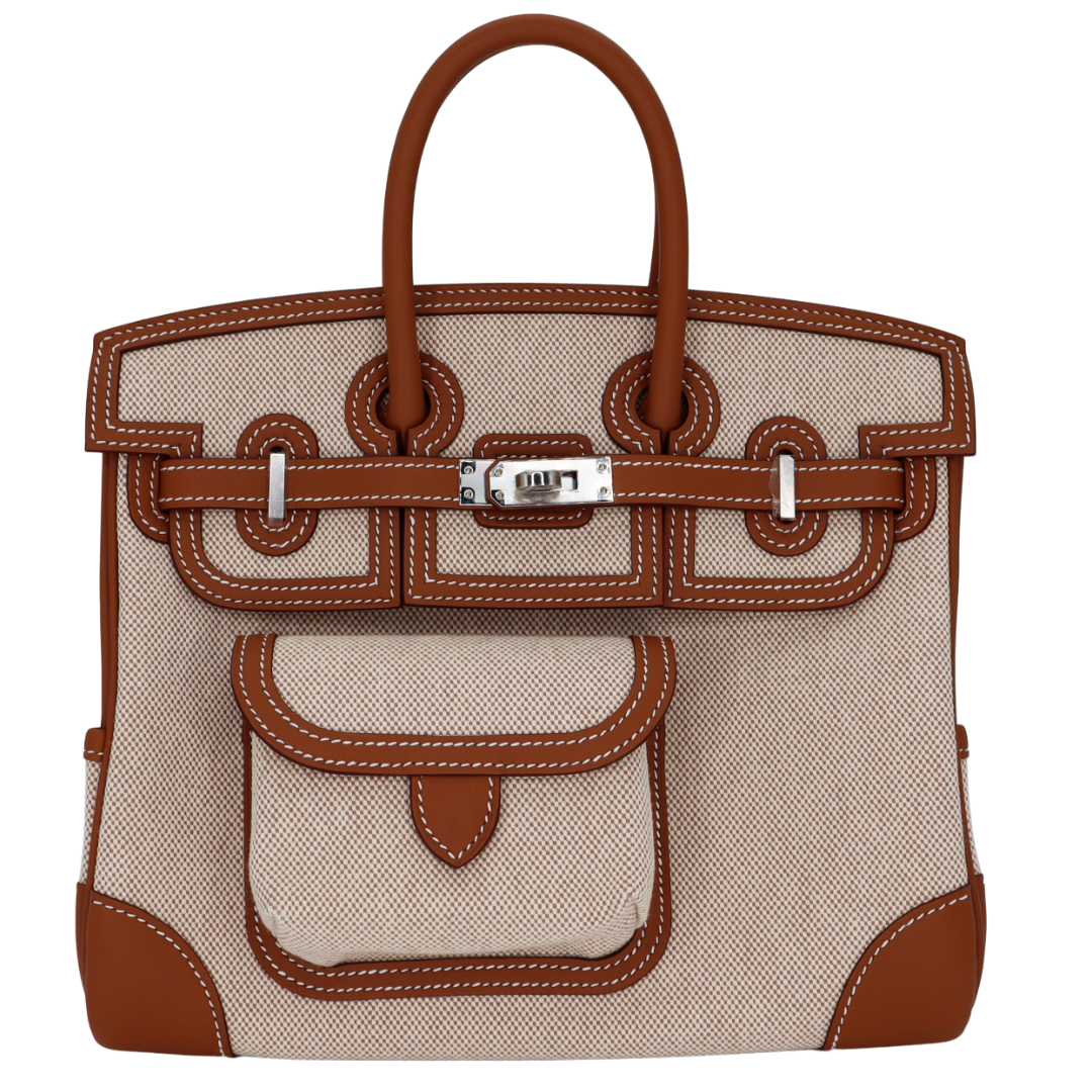 Hermes25cm Birkin Cargo Ecru/ Gold Canvas/ Swift Leather Palladium Hardware