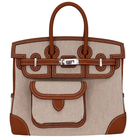 Hermes25cm Birkin Cargo Ecru/ Gold Canvas/ Swift Leather Palladium Hardware