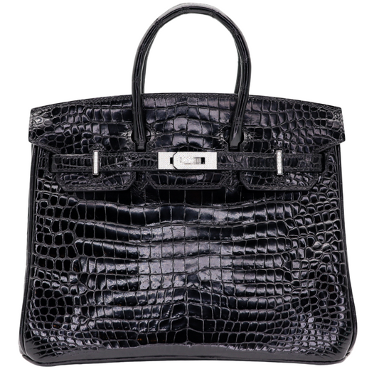 Hermes25cm Birkin Black Shiny Porosus Crocodile Diamond Hardware