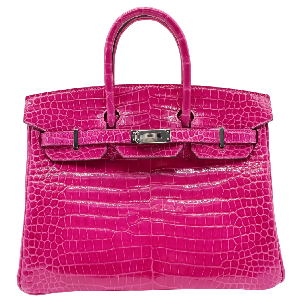Hermes25cm Birkin Rose Scheherazade Shiny Porosus Crocodile Palladium Hardware