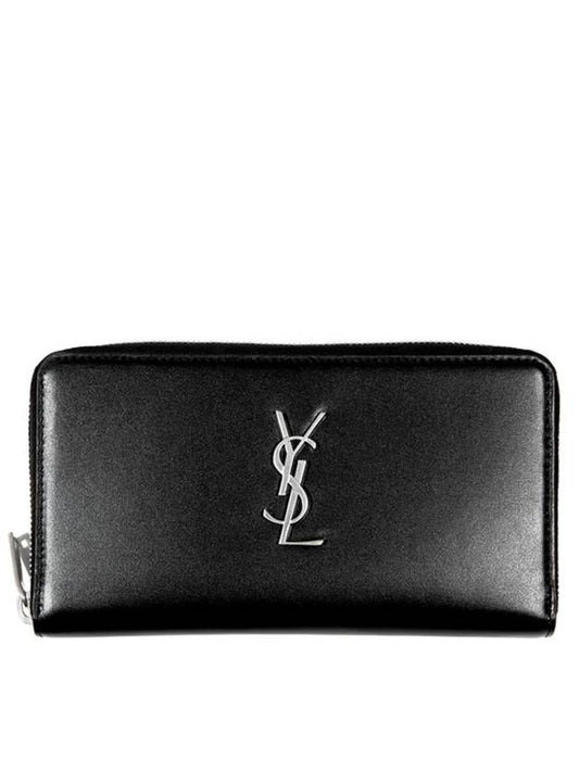 Luxury Saint Laurent Trending 2026 Silver Logo Monogram Zipper Long Wallet Black