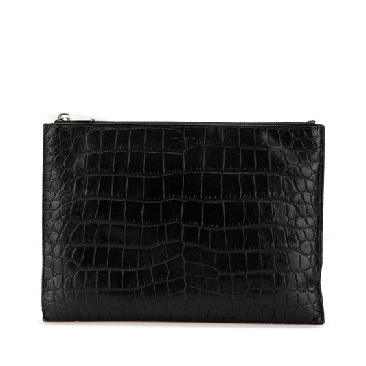 Saint Laurent Crocodile Embossed Leather Clutch Bag