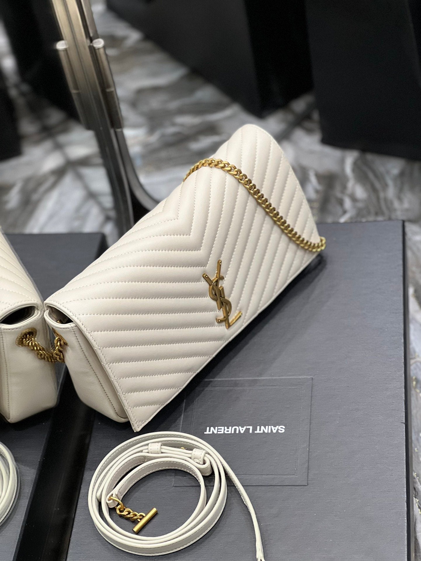 Yves Saint Laurent Kata Chain Bag White With Gold Hardware.2in/