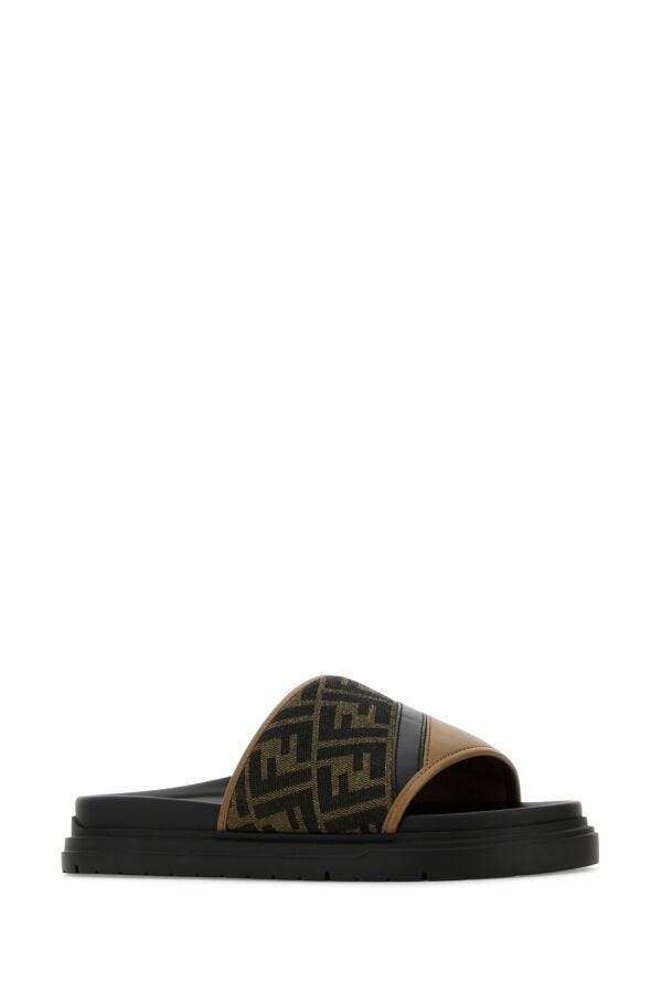 Fendi Man Embroidered Canvas And Leather Fendi Diagonal Slippers