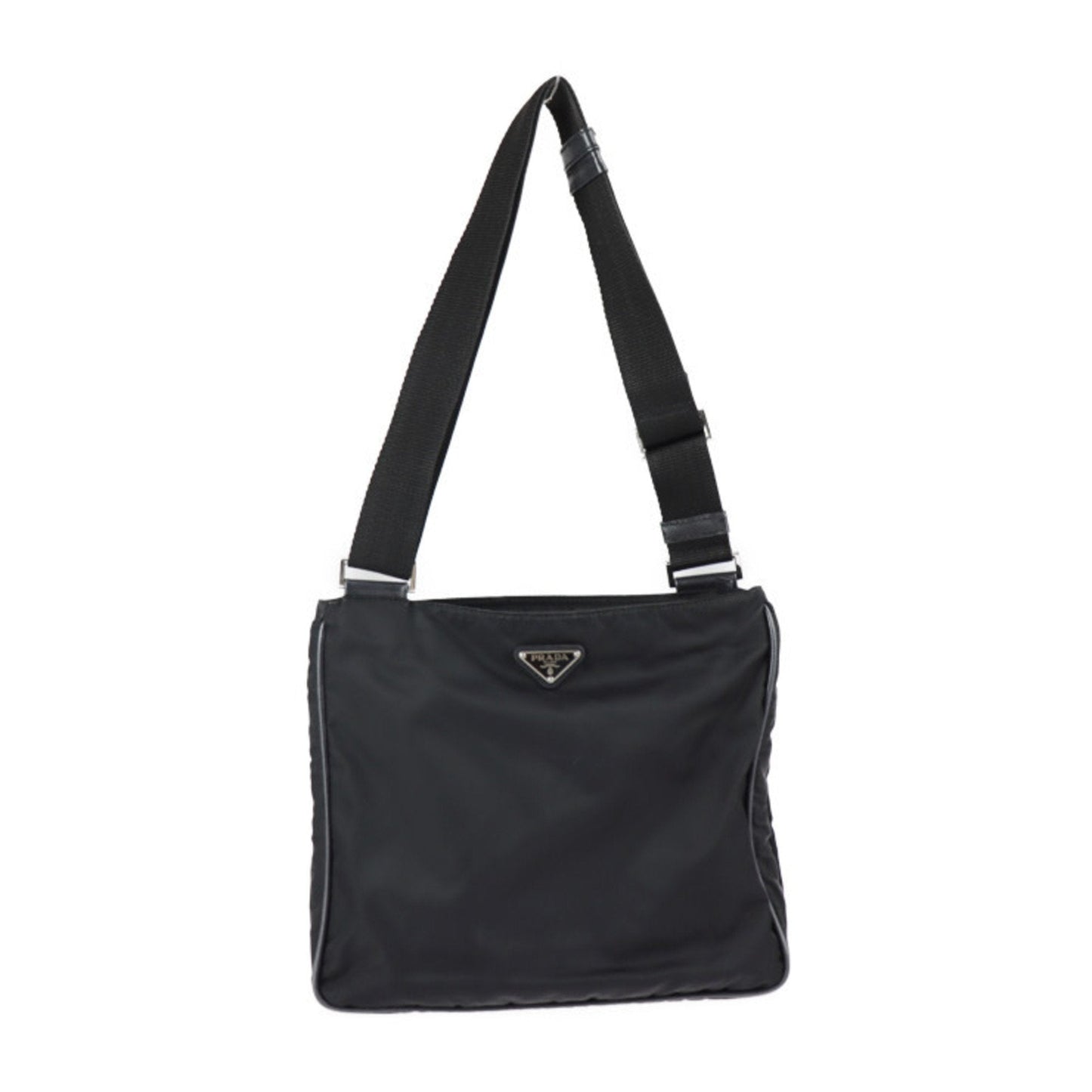 Prada Shoulder Bag Nylon Leather Black Silver Hardware Messenger Triangle Logo Plate