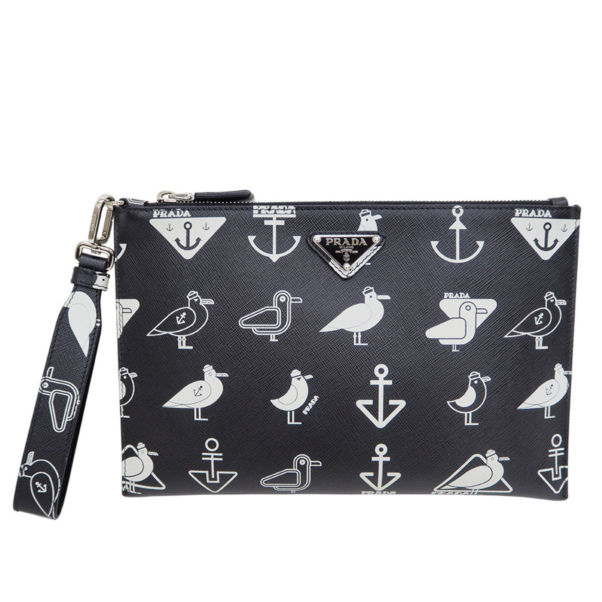 Prada Saffiano Leather Document Holder Black x White Clutch Bag Pouch