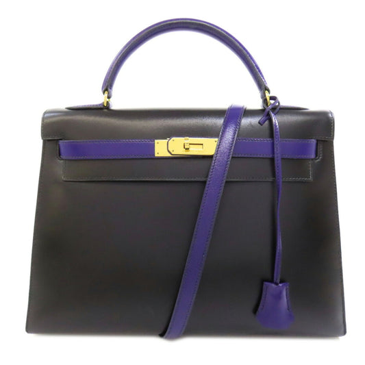 Hermes Kelly Black Bleu Saphir Box Calf Leather Handbag ( )
