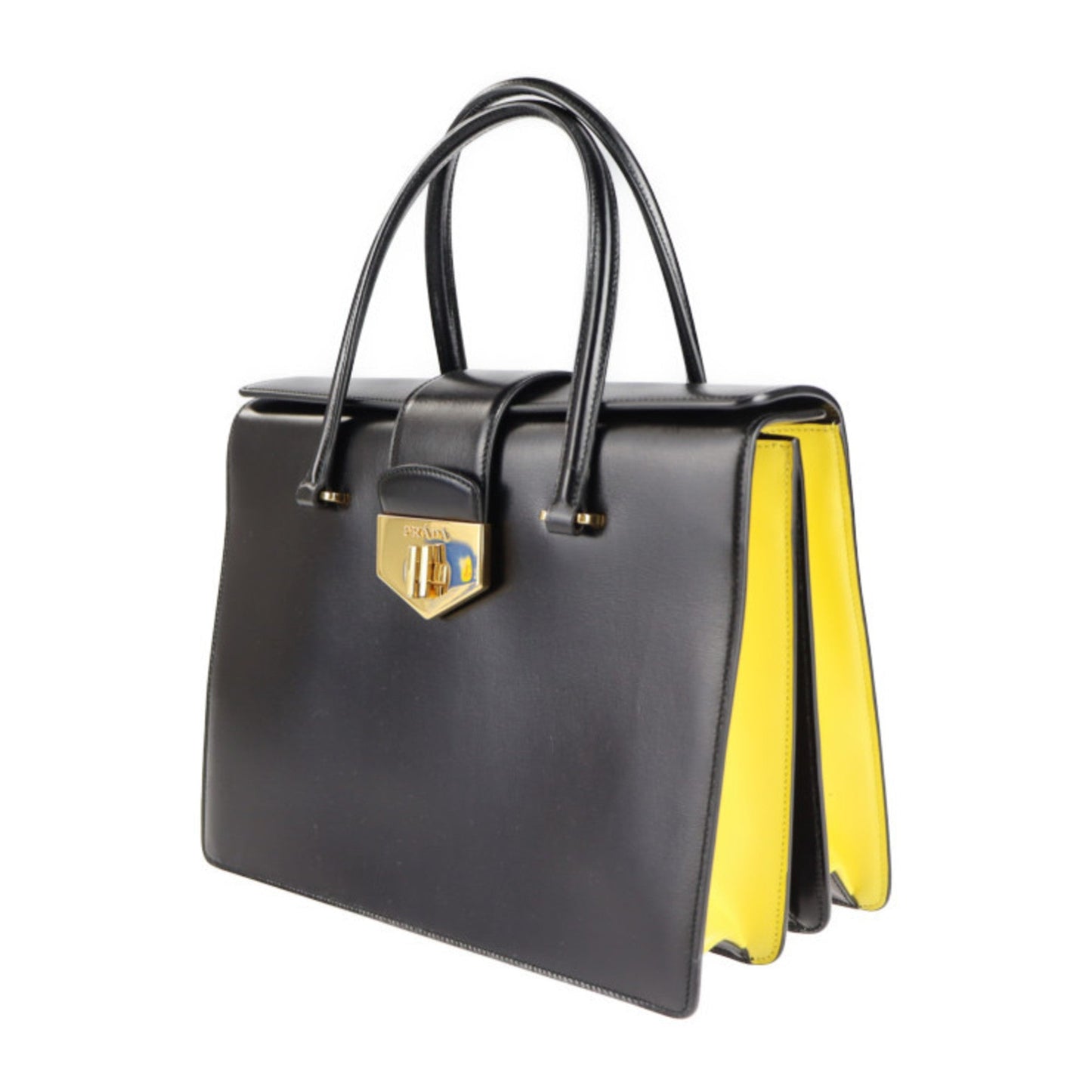 Prada turn lock handBag box calf black yellow