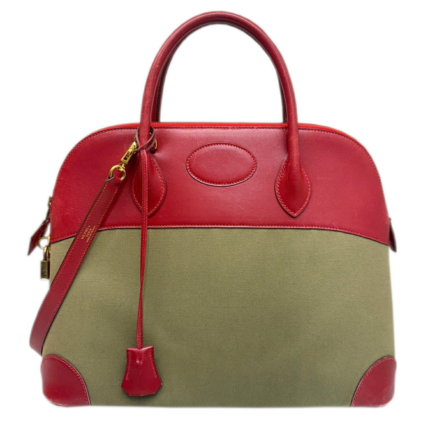 Hermes Khaki Rouge Garance Toile Officier Box Calf Leather Handbag Shoulder Bag ( )