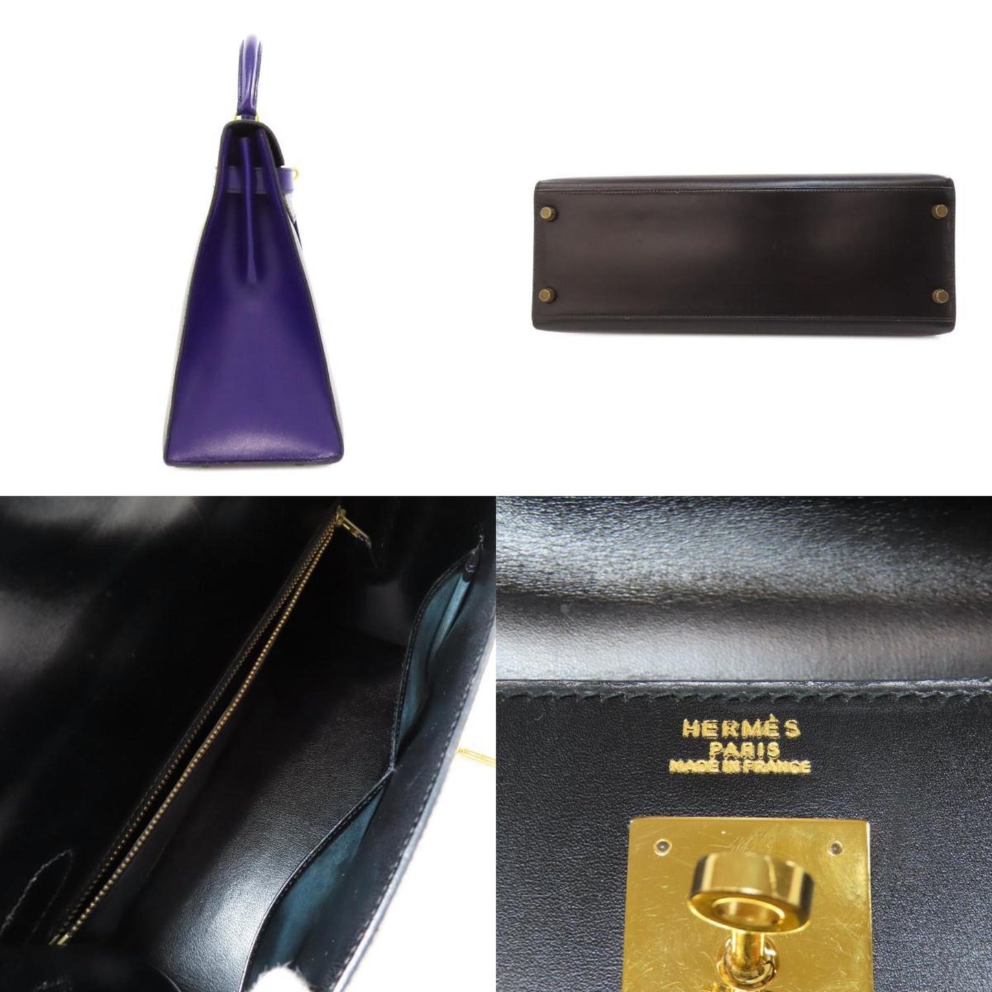 Hermes Kelly Black Bleu Saphir Box Calf Leather Handbag ( )