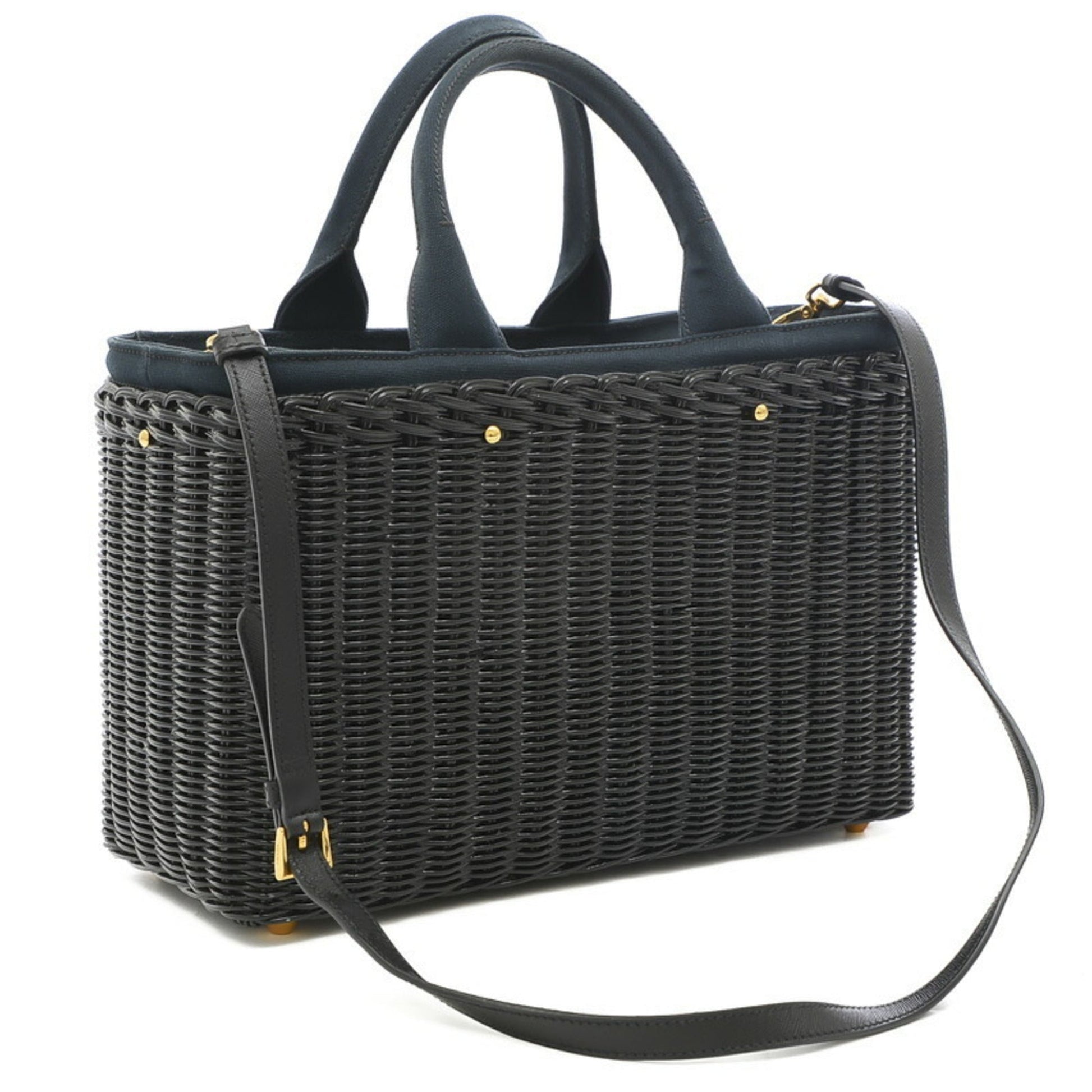 Prada Basket Bag 2Way Rattan/Canvas Black/Navy