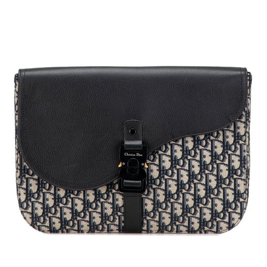 Christian Dior Beige Navy Black Canvas Leather Clutch Bag ()