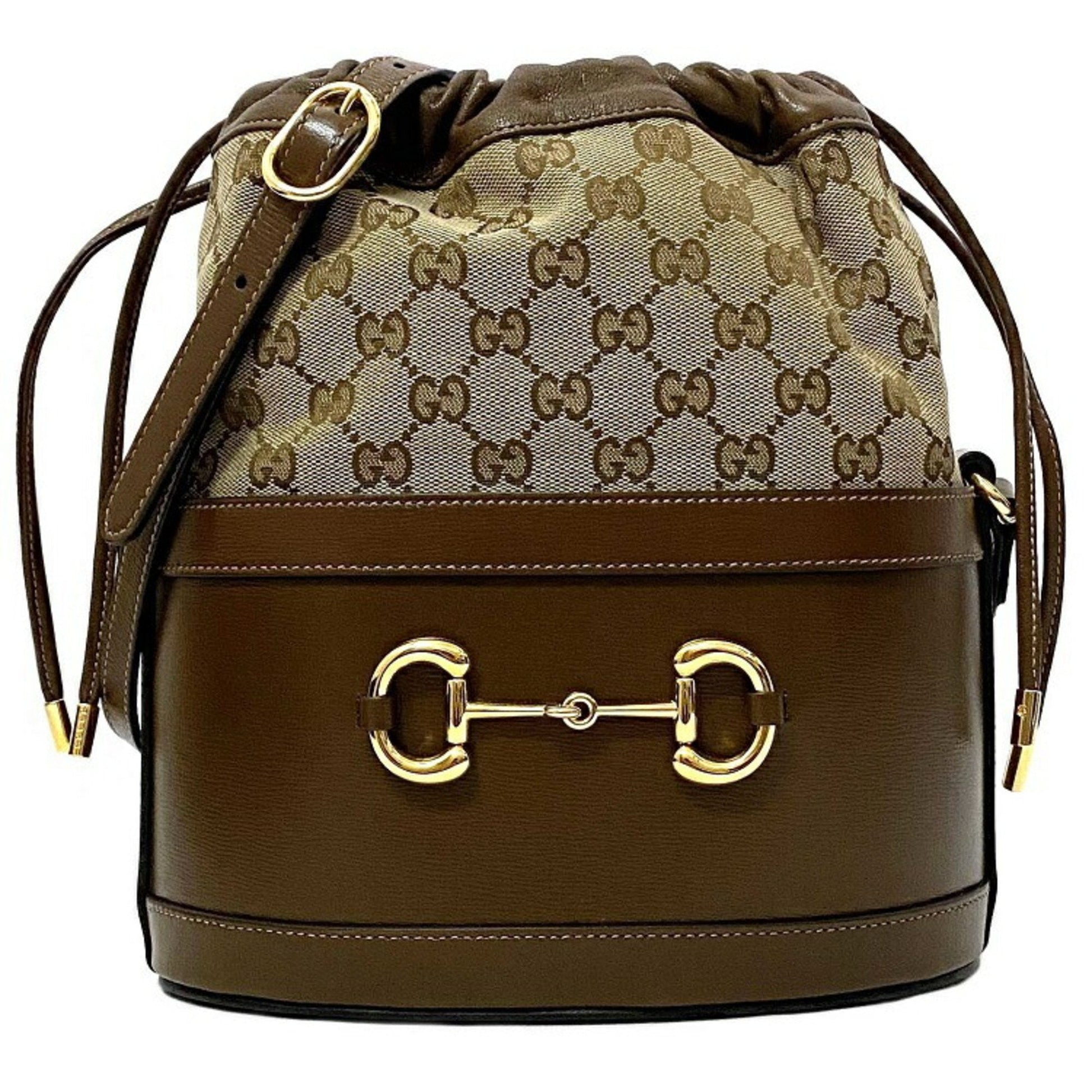 Gucci Horsebit Brown Leather Canvas Shoulder Bag