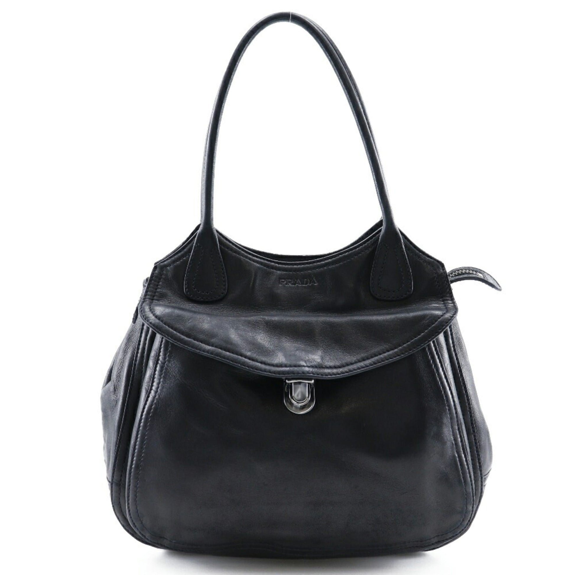 Prada Shoulder Bag Leather NERO Made in Italy Black A5 Zipper Ladies