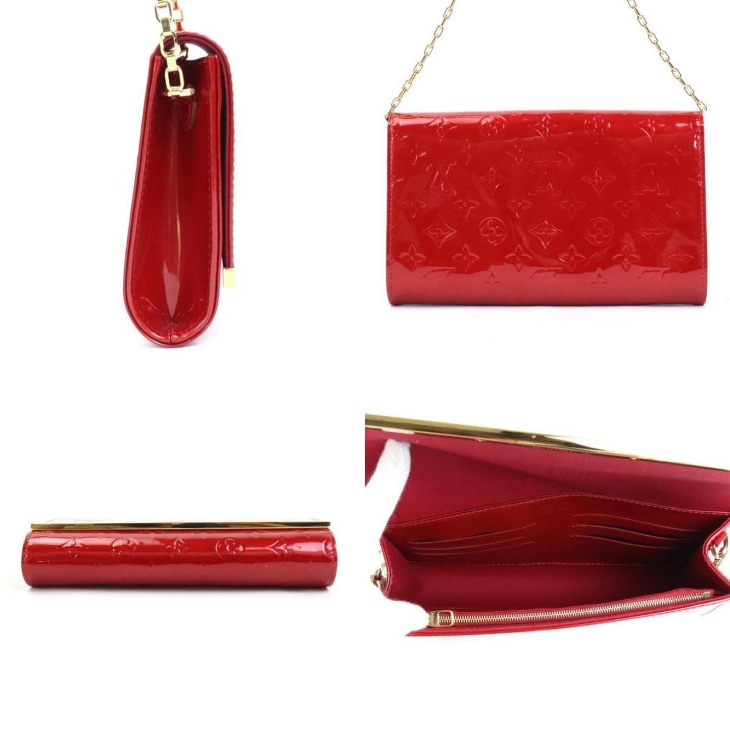 LOUIS VUITTON Shoulder Bag Diagonal Monogram Verni Clutch Anna Patent Leather Red Gold Women's