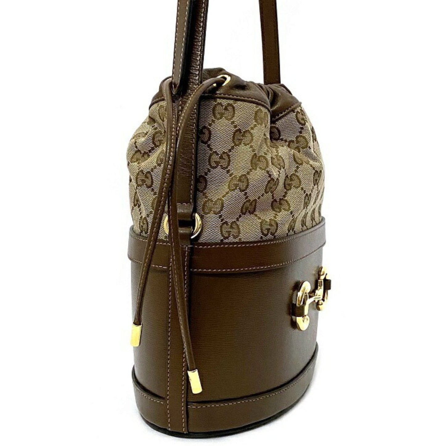 Gucci Horsebit Brown Leather Canvas Shoulder Bag