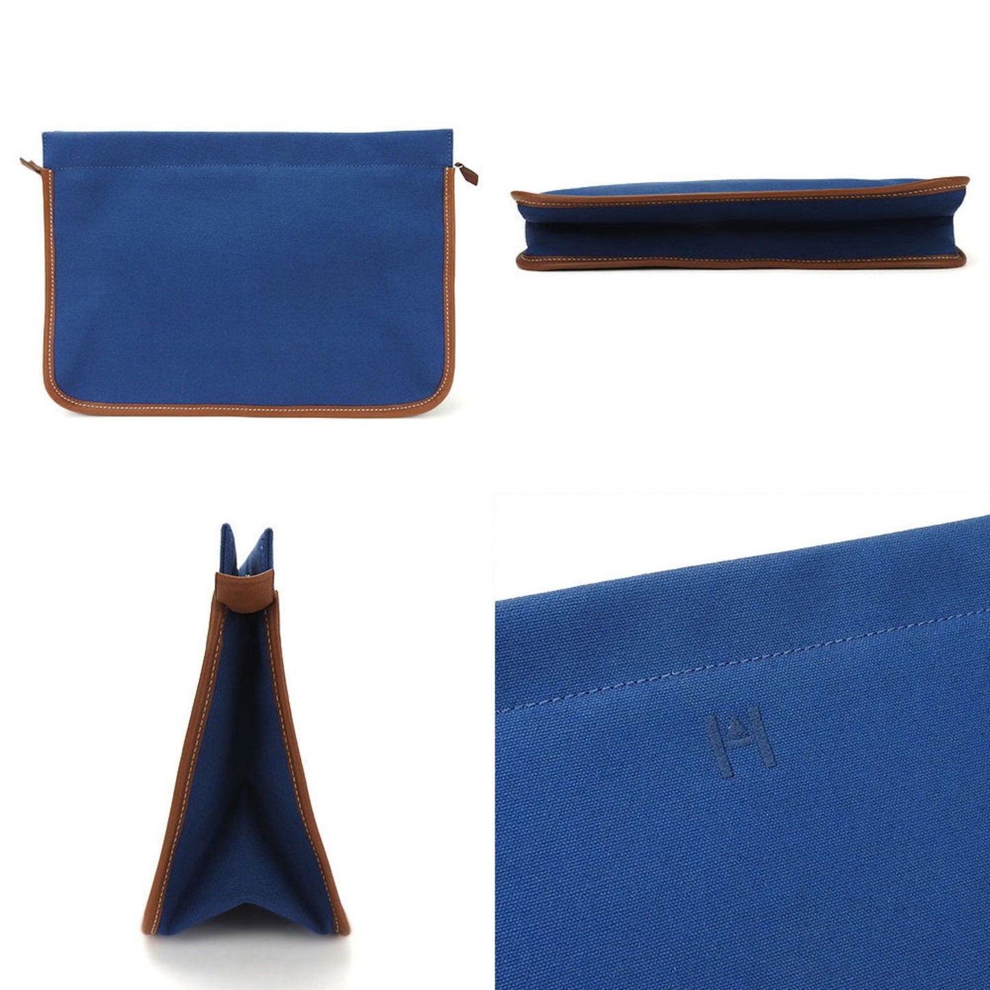 Hermes Brown Navy Canvas Leather Clutch Bag ( )