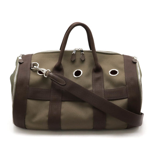 Hermes Dark Brown Khaki Canvas Leather Boston Bag Shoulder Bag ( )
