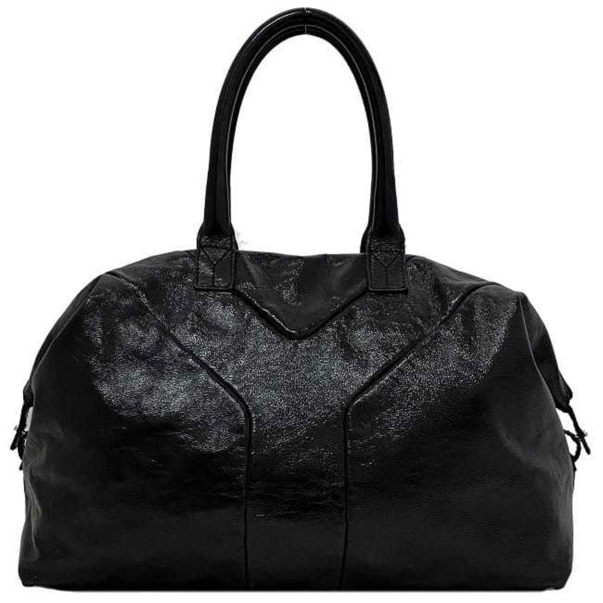 Yves Saint Laurent Easy Boston Bag Black Silver Tote Patent Leather YSL Embroidery Stitch Y