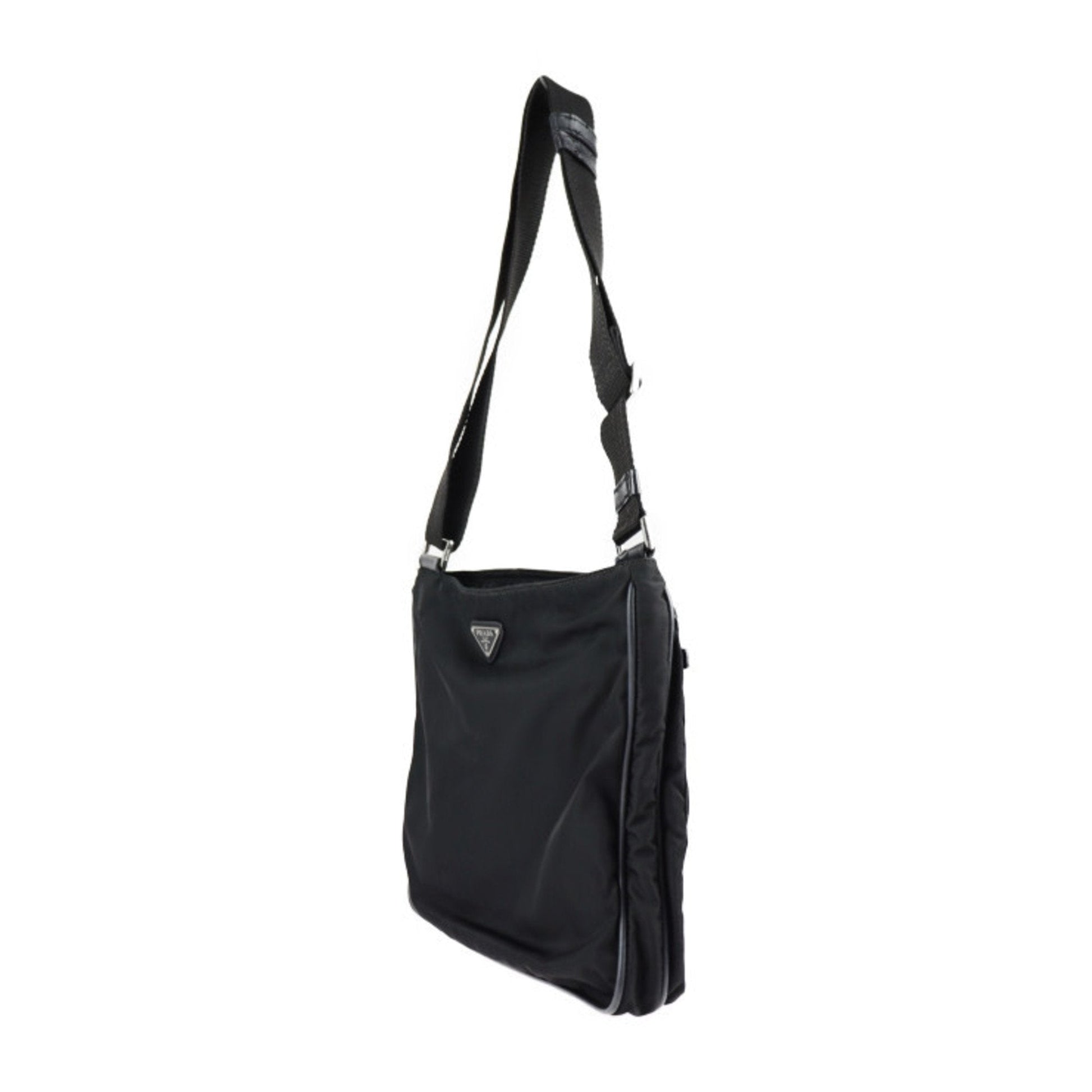 Prada Shoulder Bag Nylon Leather Black Silver Hardware Messenger Triangle Logo Plate