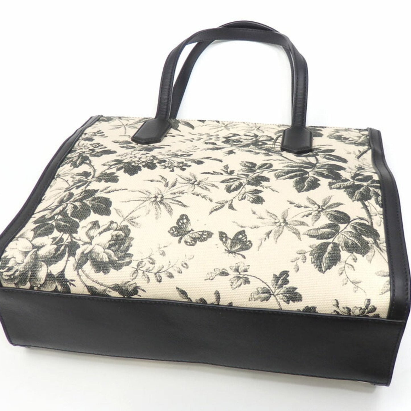 Gucci Butterfly Black Leather Canvas Tote