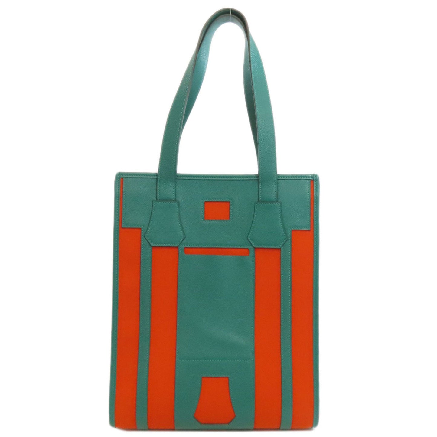 Hermes Green Orange Canvas Leather Tote Bag ( )