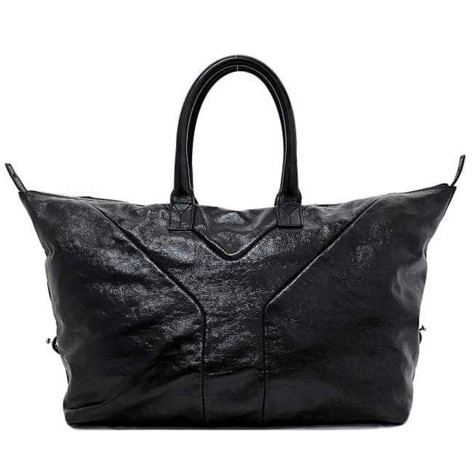 Yves Saint Laurent Easy Boston Bag Black Silver Tote Patent Leather YSL Embroidery Stitch Y