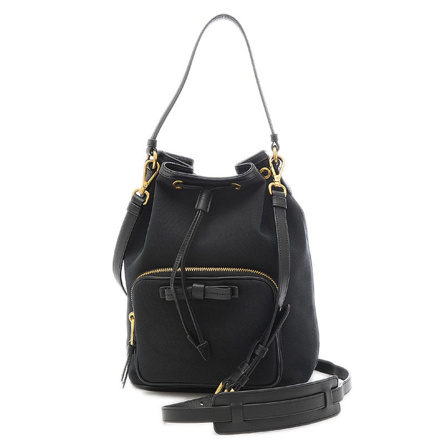 Prada Logo Jacquard Drawstring 2Way Shoulder Ribbon Canvas Black Luxury Handbag