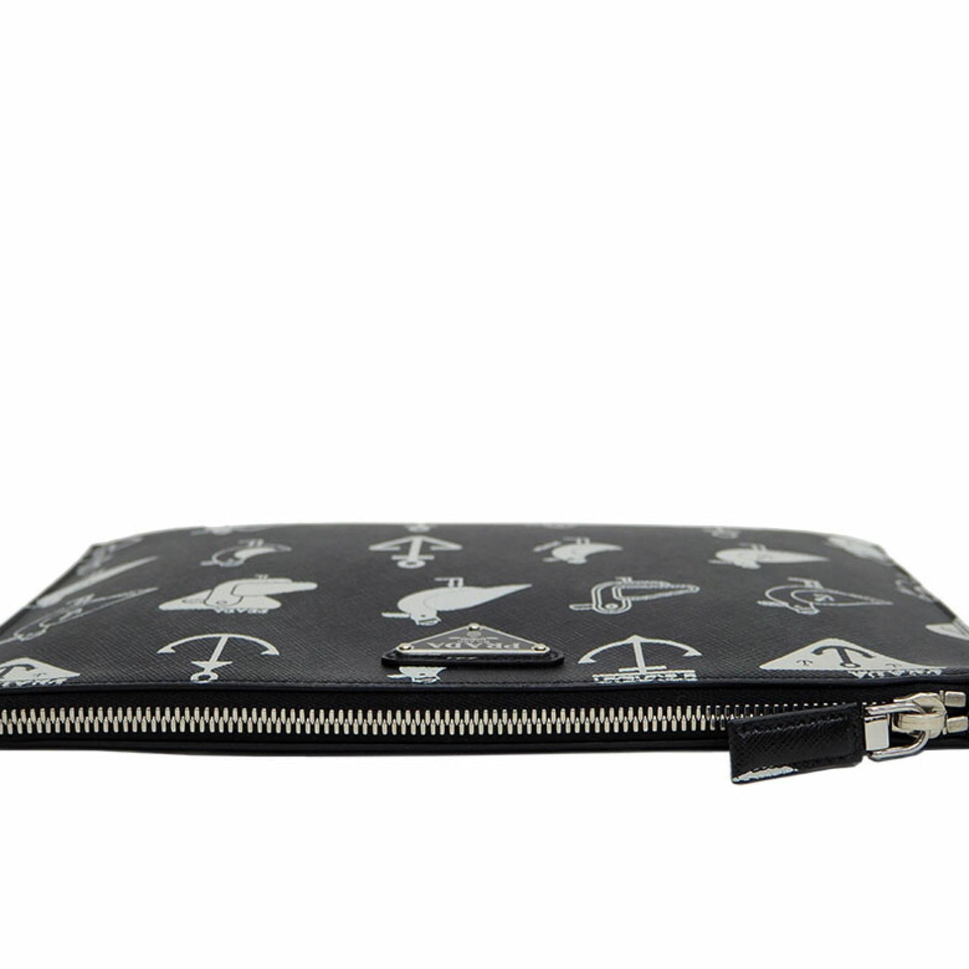 Prada Saffiano Leather Document Holder Black x White Clutch Bag Pouch