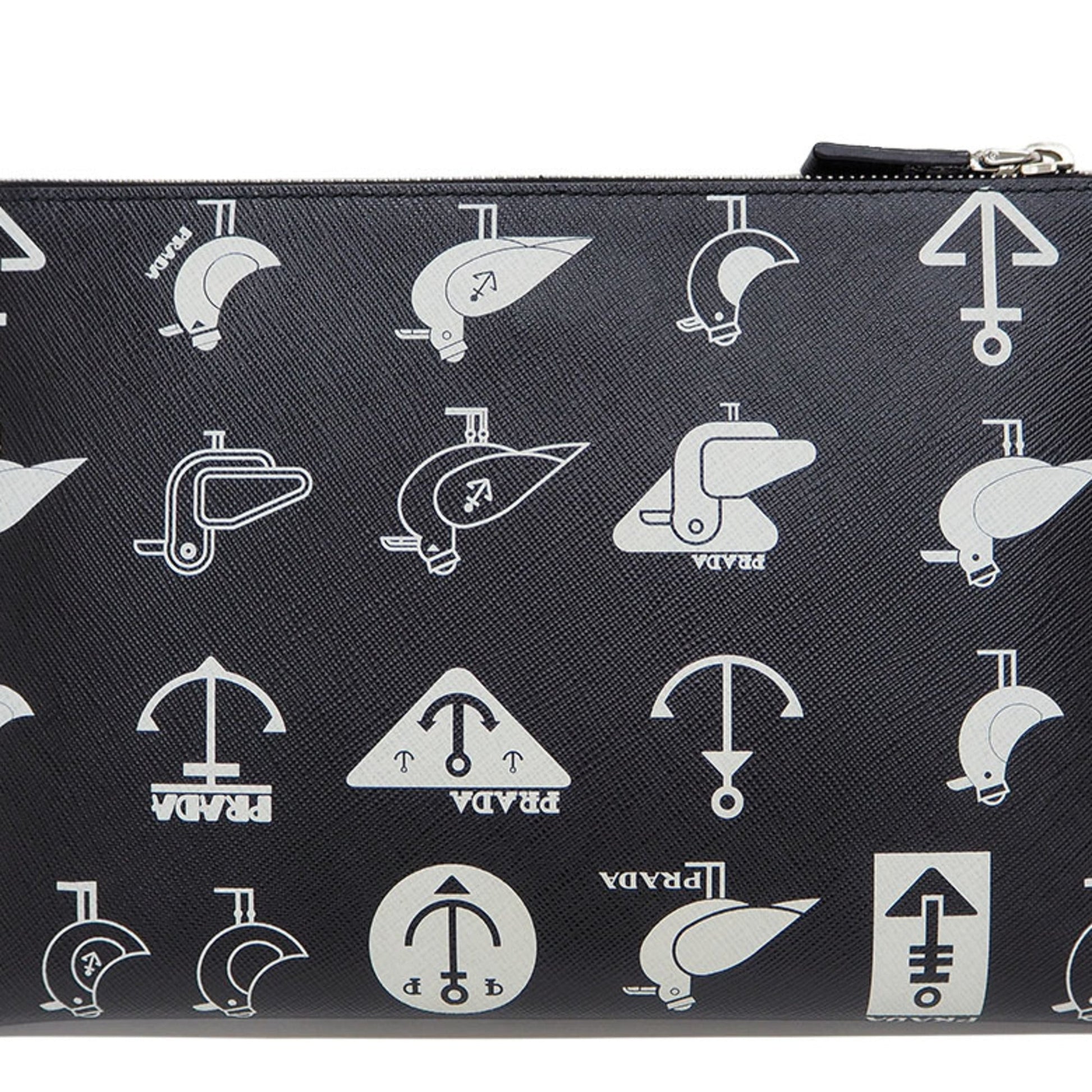 Prada Saffiano Leather Document Holder Black x White Clutch Bag Pouch