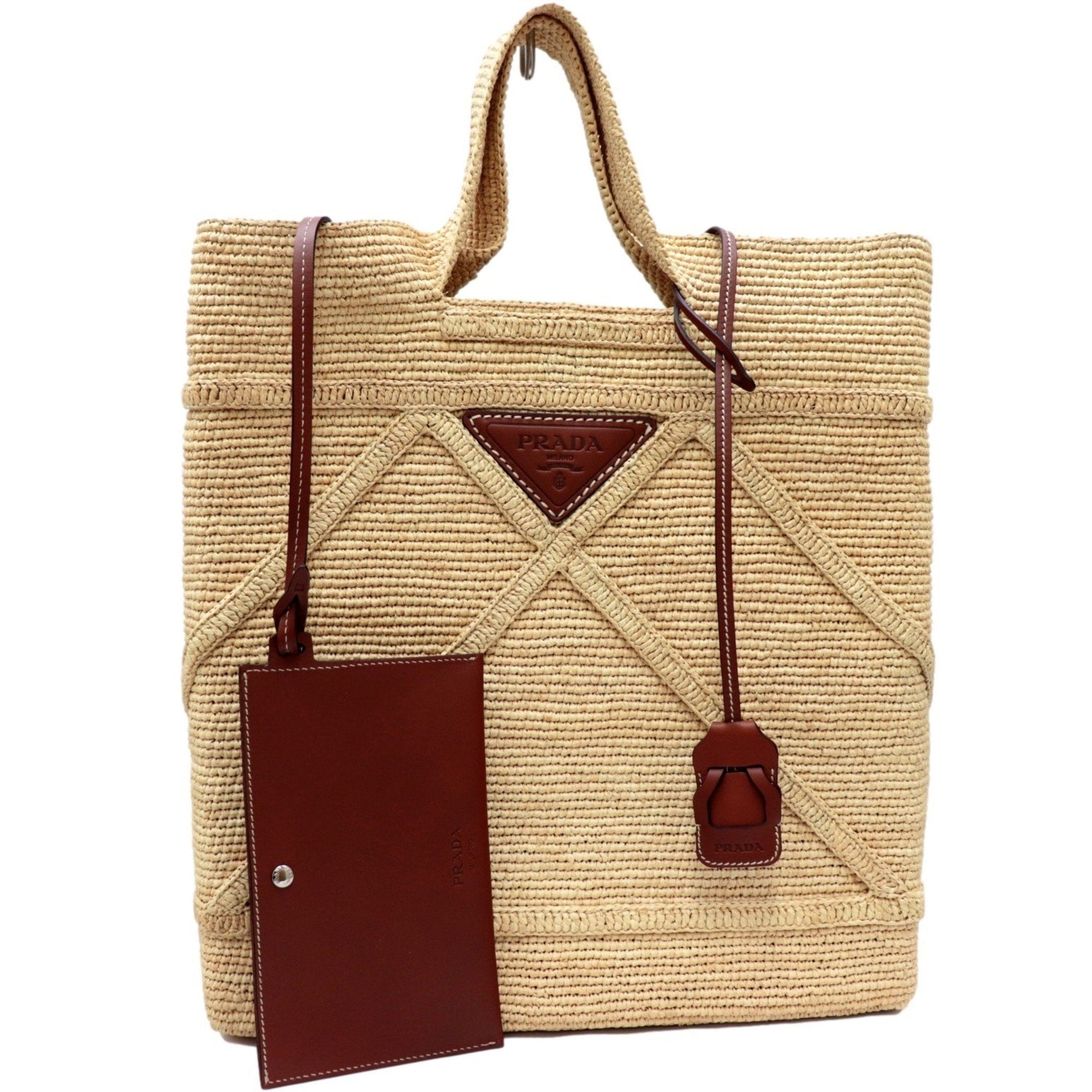 Prada raffia tote Bag ladies beige triangle plate with leather pouch straw Prada