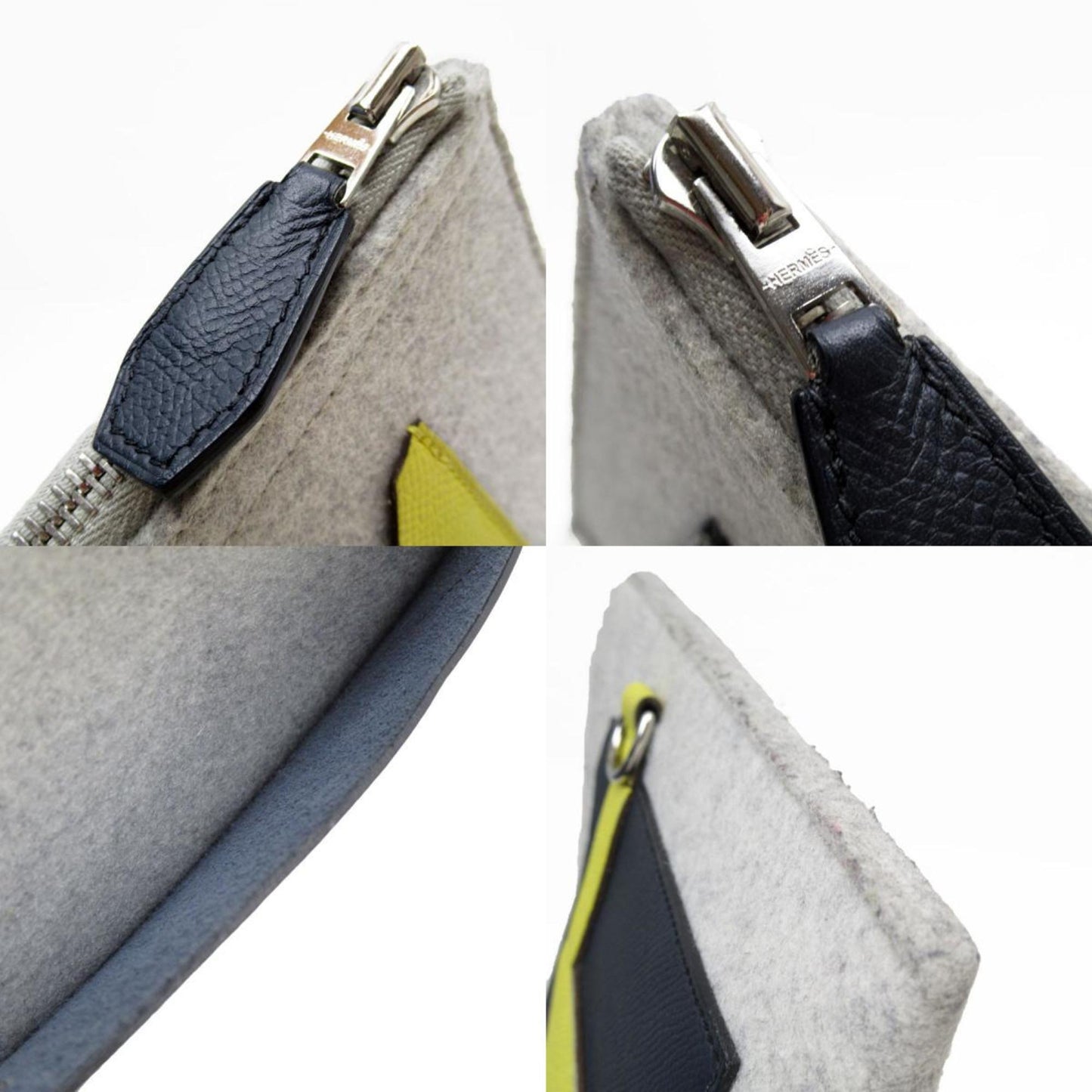 Hermes Light Gray Navy Yellow Felt Epsom Leather Clutch Bag ( )