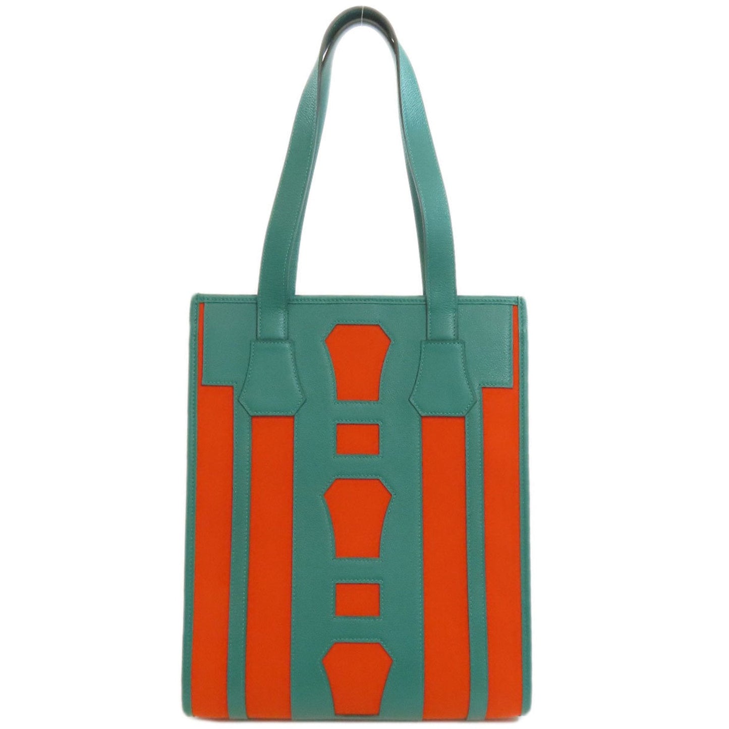 Hermes Green Orange Canvas Leather Tote Bag ( )
