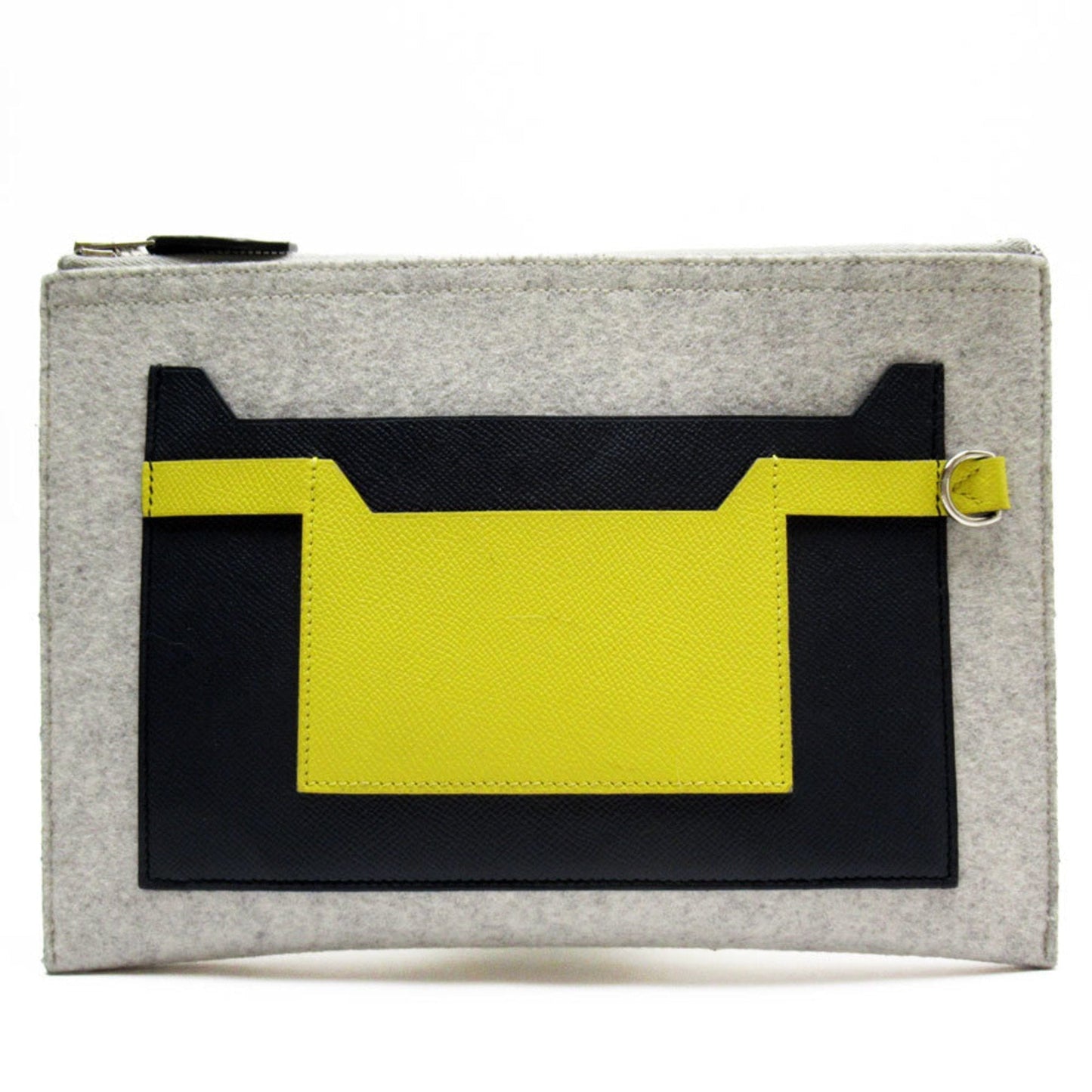 Hermes Light Gray Navy Yellow Felt Epsom Leather Clutch Bag ( )