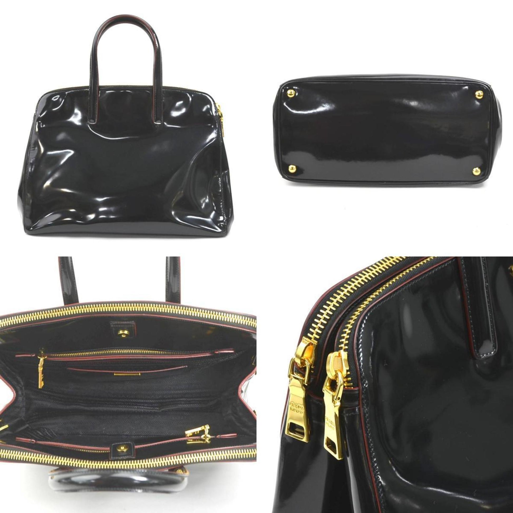Prada HandBag Shoulder Bag Patent Leather Black x Red Unisex
