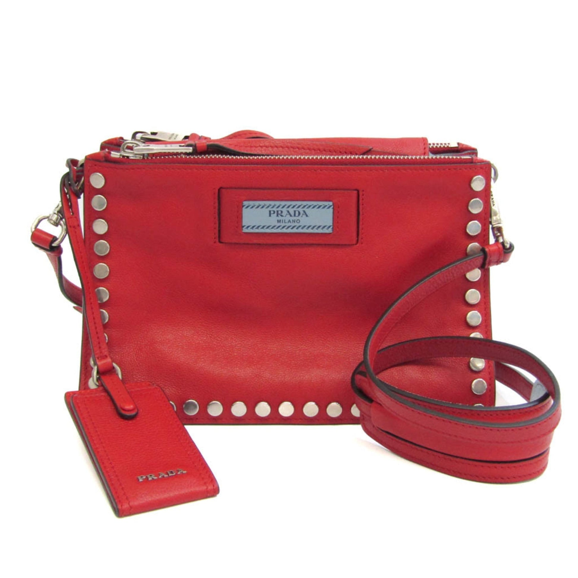 Prada Etiquette Studs Women's Leather Shoulder Bag Red Color