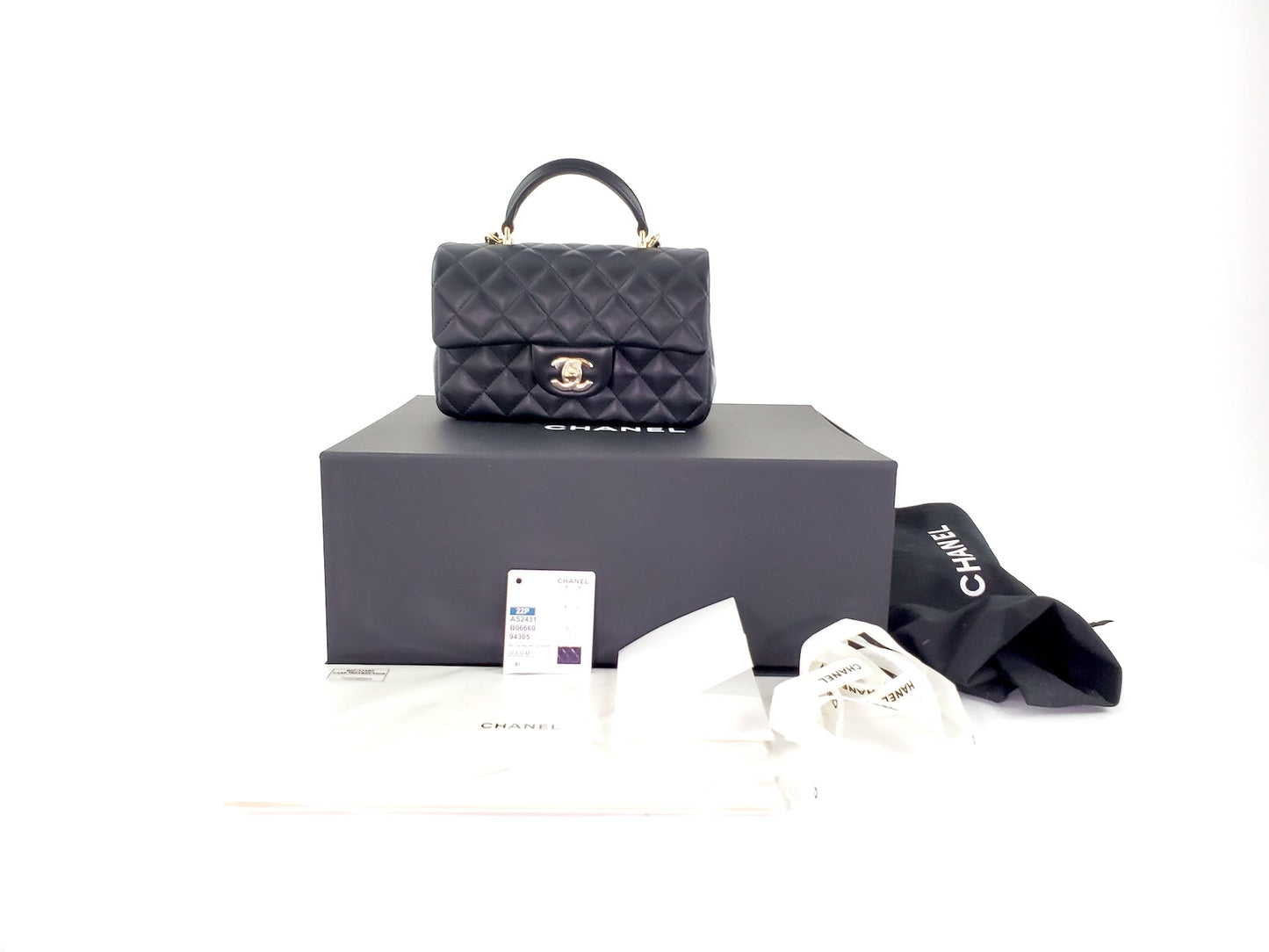 CHANEL 22P Top Handle Black Rectangular Mini Flap Bag