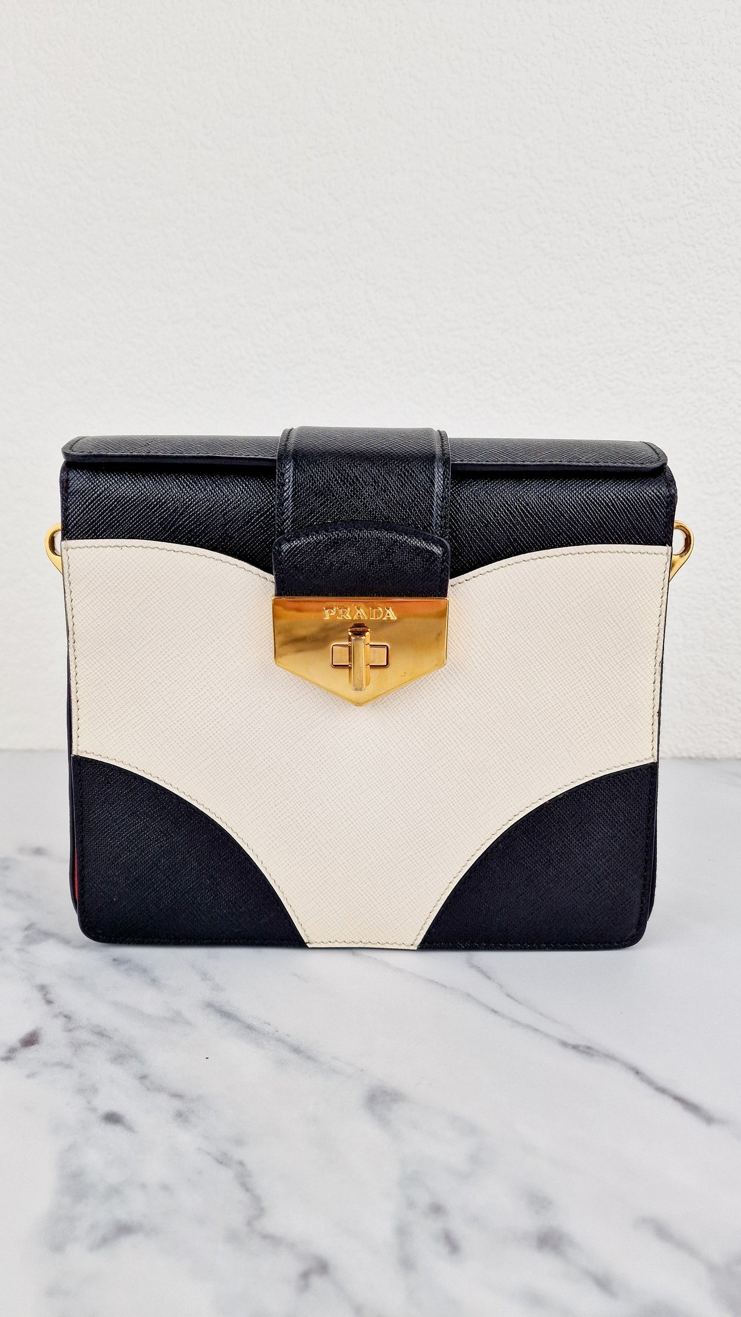 Prada Turnlock Satchel Bicolor Crossbody Bag in Black, White & Red Saffiano Leather - Prada