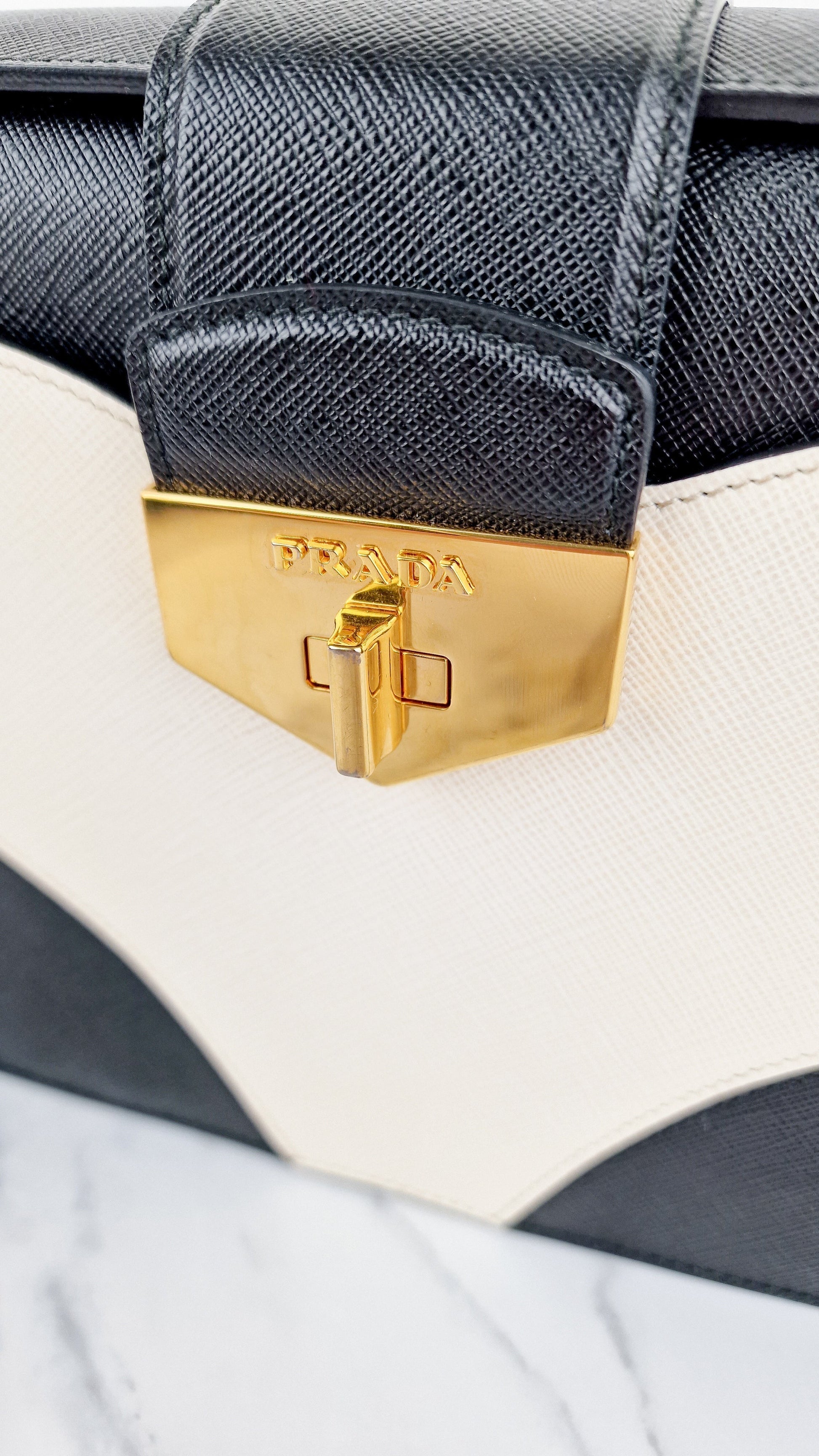 Prada Turnlock Satchel Bicolor Crossbody Bag in Black, White & Red Saffiano Leather - Prada