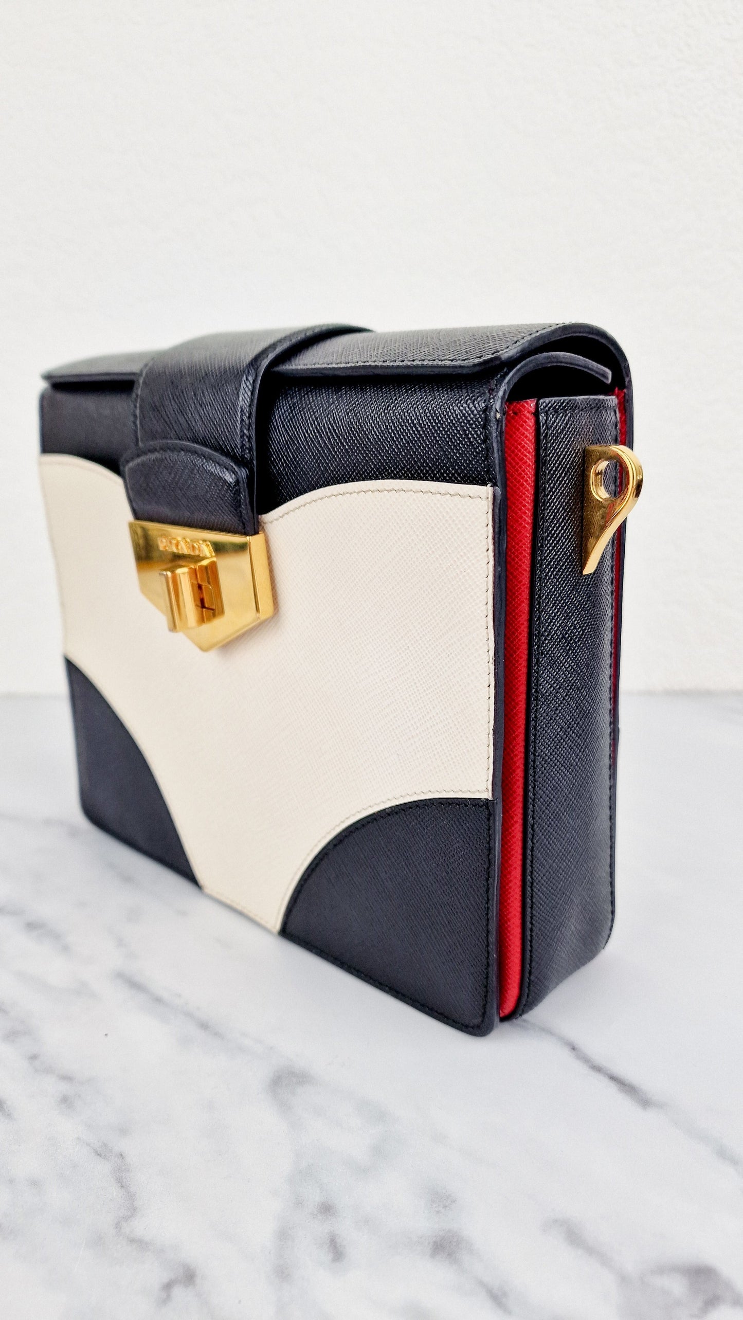 Prada Turnlock Satchel Bicolor Crossbody Bag in Black, White & Red Saffiano Leather - Prada