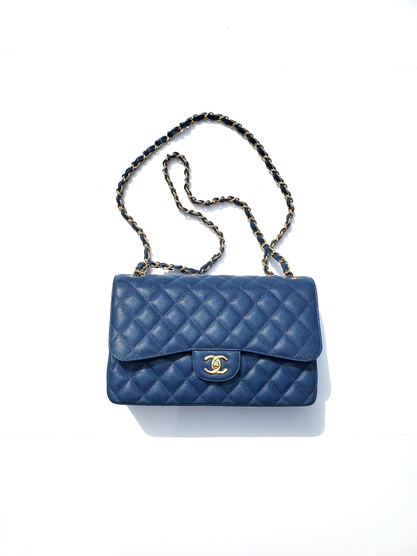 CHANEL Blue 2018 Caviar Jumbo Classic Quilted Double Flap Bag