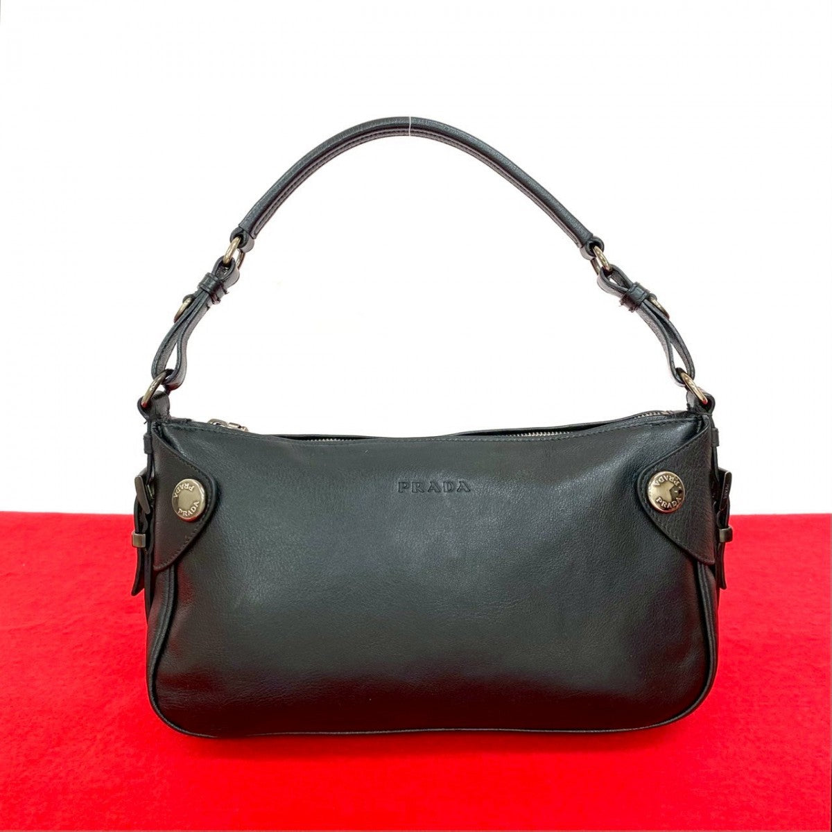 PRADA Shoulder Bag leather black logo Metal Women