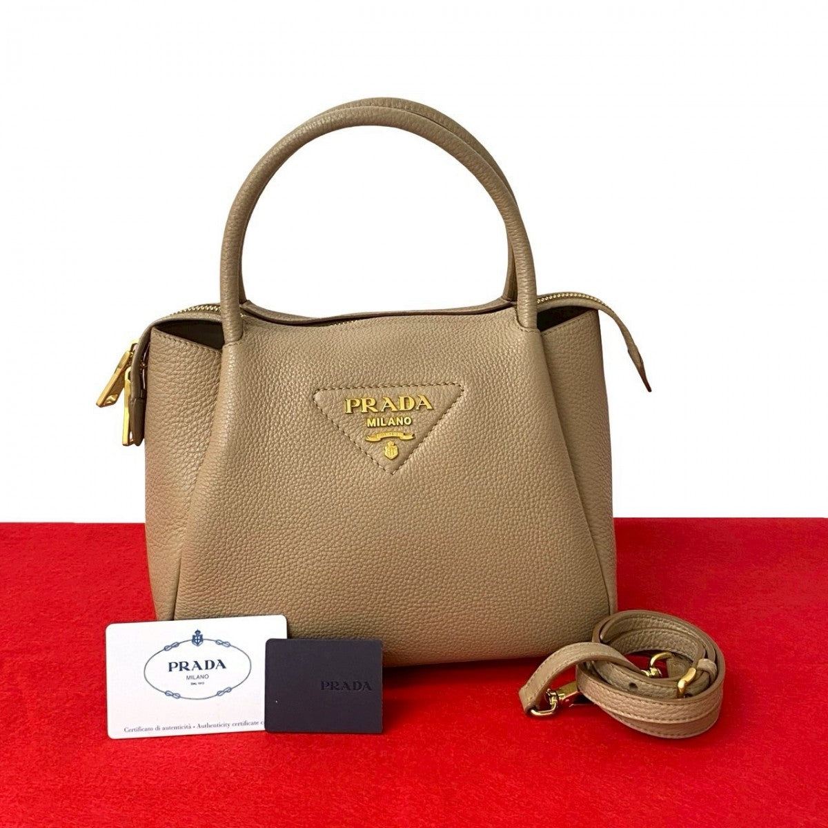 PRADA Shoulder Bag leather beige Fleur Vitello Dyno